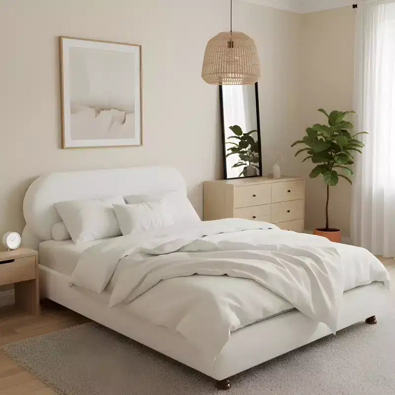 Letto imbottito moderno in bouclé di Rubberwood