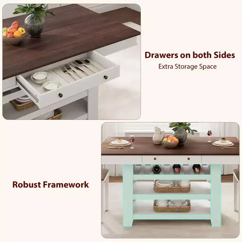 Tavolo da pranzo altezza bancone per 4-6 persone, Tavolo da pranzo alto altezza bar con portabottiglie più profondo, con 2 cassetti e ripiani, Ampio piano d'appoggio per cucina, bar