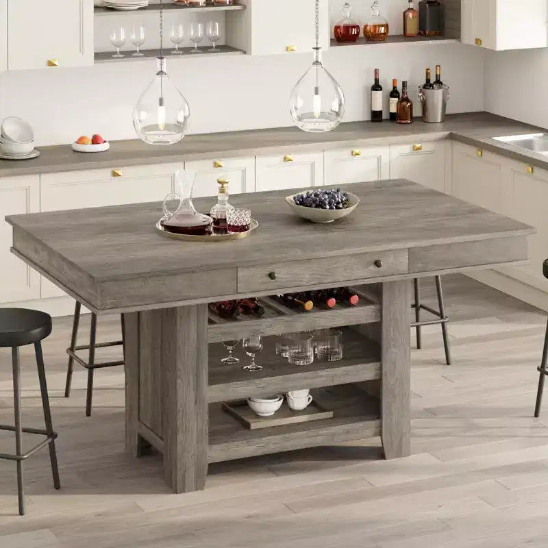 Tavolo da pranzo altezza bancone per 4-6 persone, Tavolo da pranzo alto altezza bar con portabottiglie più profondo, con 2 cassetti e ripiani, Ampio piano d'appoggio per cucina, bar