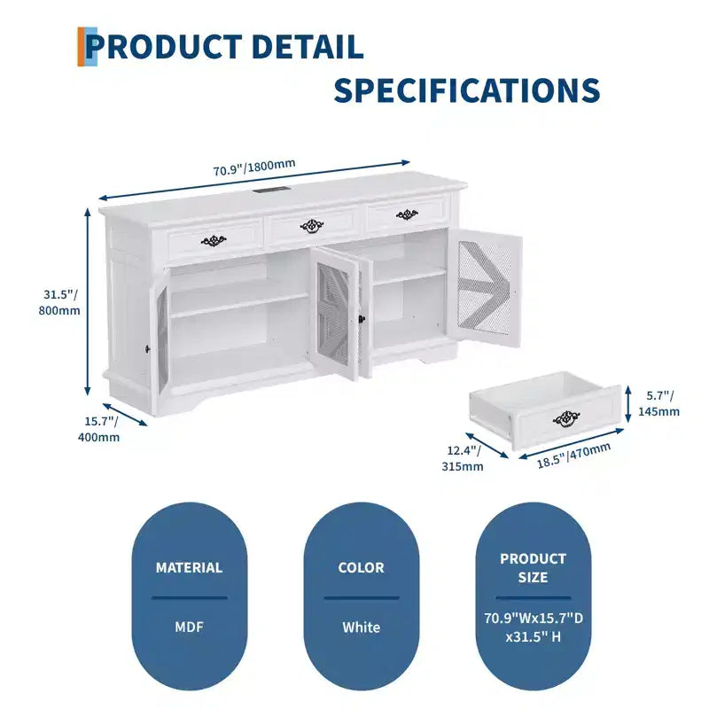 Credenza/mobile bar 63" con 4 ante a griglia e 3 cassetti, stazione di ricarica integrata e 4 ripiani regolabili, mobile contenitore per soggiorno