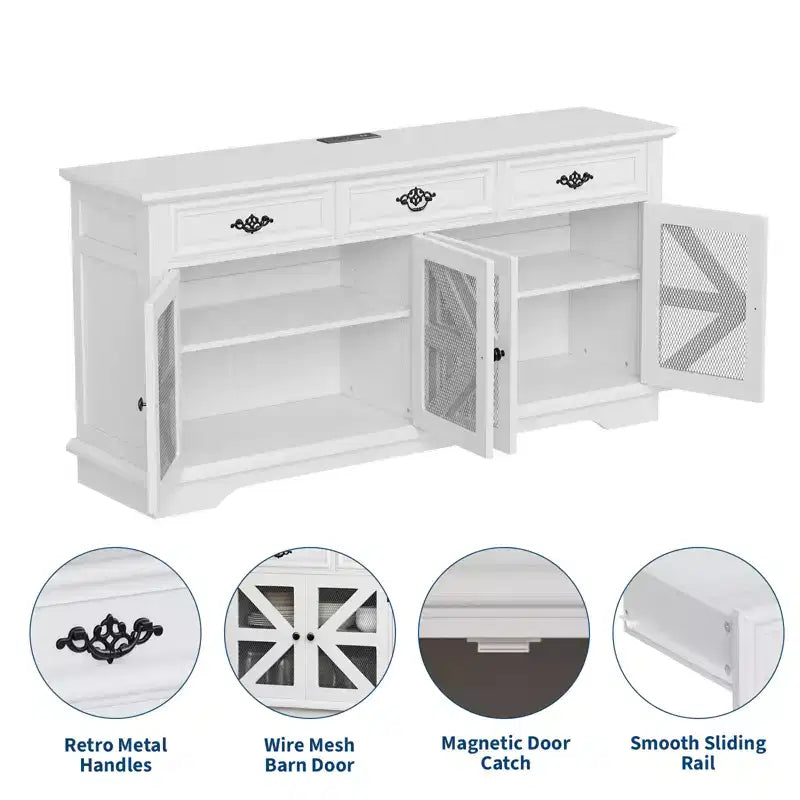 Credenza/mobile bar 63" con 4 ante a griglia e 3 cassetti, stazione di ricarica integrata e 4 ripiani regolabili, mobile contenitore per soggiorno