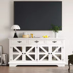 Credenza/mobile bar 63" con 4 ante a griglia e 3 cassetti, stazione di ricarica integrata e 4 ripiani regolabili, mobile contenitore per soggiorno