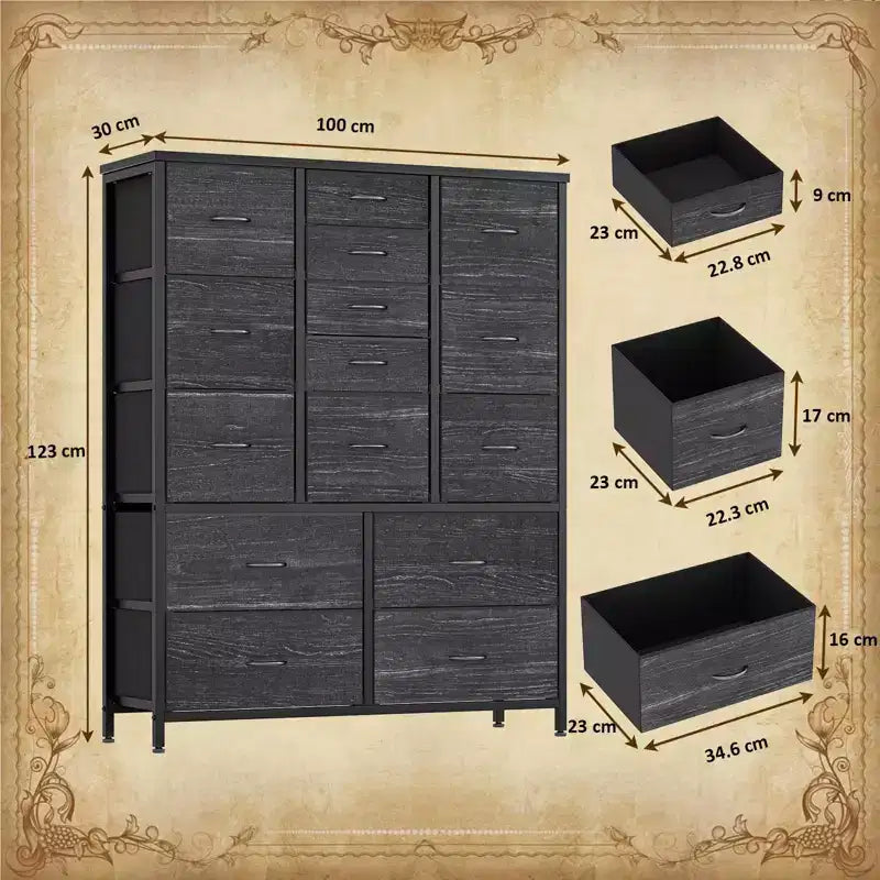 Cassettiera in Tessuto con Struttura in Legno, Grande Armadio Contenitore con Telaio in Metallo per Soggiorno Camera da Letto 100 x 30 x 123 cm Nero