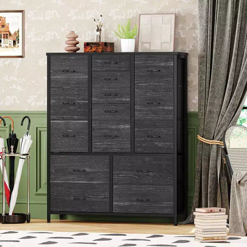 Cassettiera in Tessuto con Struttura in Legno, Grande Armadio Contenitore con Telaio in Metallo per Soggiorno Camera da Letto 100 x 30 x 123 cm Nero
