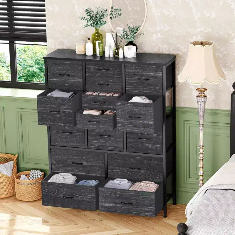 Cassettiera in Tessuto con Struttura in Legno, Grande Armadio Contenitore con Telaio in Metallo per Soggiorno Camera da Letto 100 x 30 x 123 cm Nero