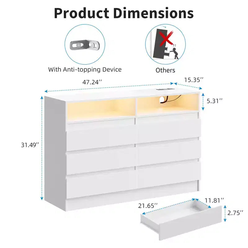 Cassettiera moderna a 6 cassetti con stazione di ricarica, luci LED e presa di corrente, Organizzatore a cassetti per camera da letto, soggiorno, ingresso