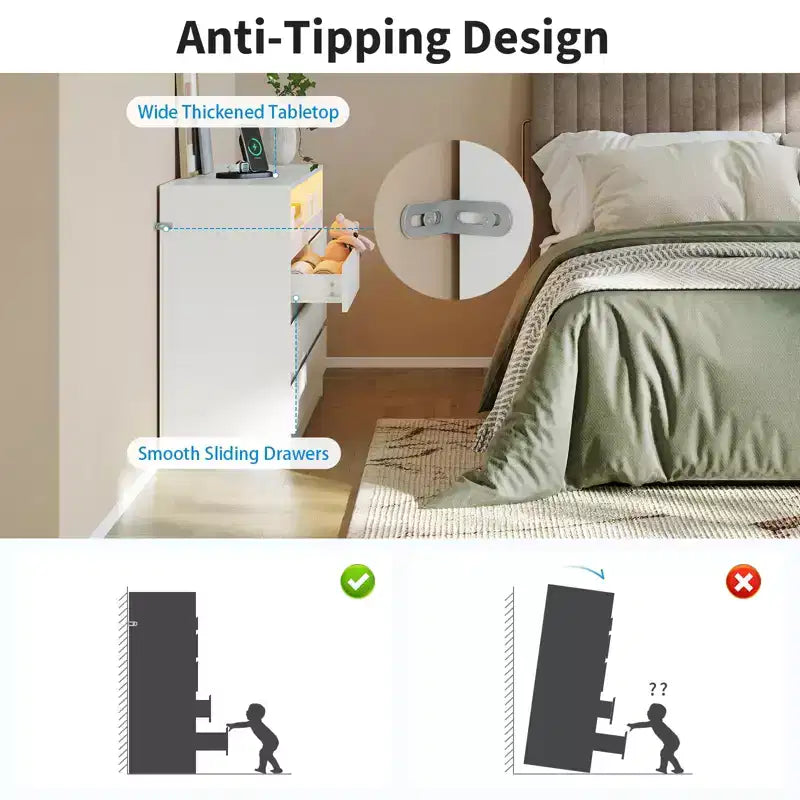 Cassettiera moderna a 6 cassetti con stazione di ricarica, luci LED e presa di corrente, Organizzatore a cassetti per camera da letto, soggiorno, ingresso