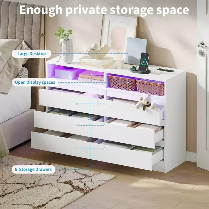 Cassettiera moderna a 6 cassetti con stazione di ricarica, luci LED e presa di corrente, Organizzatore a cassetti per camera da letto, soggiorno, ingresso