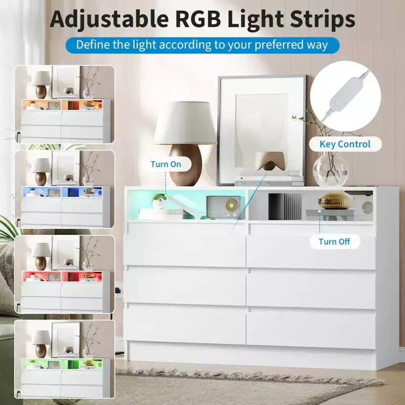 Cassettiera moderna a 6 cassetti con stazione di ricarica, luci LED e presa di corrente, Organizzatore a cassetti per camera da letto, soggiorno, ingresso