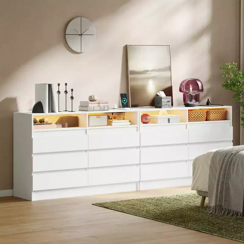 Cassettiera moderna a 6 cassetti con stazione di ricarica, luci LED e presa di corrente, Organizzatore a cassetti per camera da letto, soggiorno, ingresso