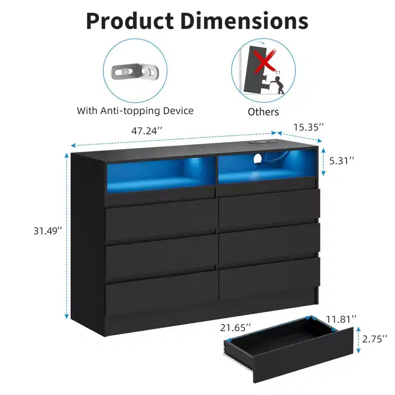 Cassettiera moderna a 6 cassetti con stazione di ricarica, luci LED e presa di corrente, Organizzatore a cassetti per camera da letto, soggiorno, ingresso
