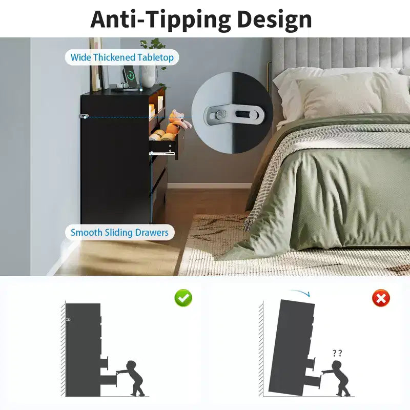Cassettiera moderna a 6 cassetti con stazione di ricarica, luci LED e presa di corrente, Organizzatore a cassetti per camera da letto, soggiorno, ingresso