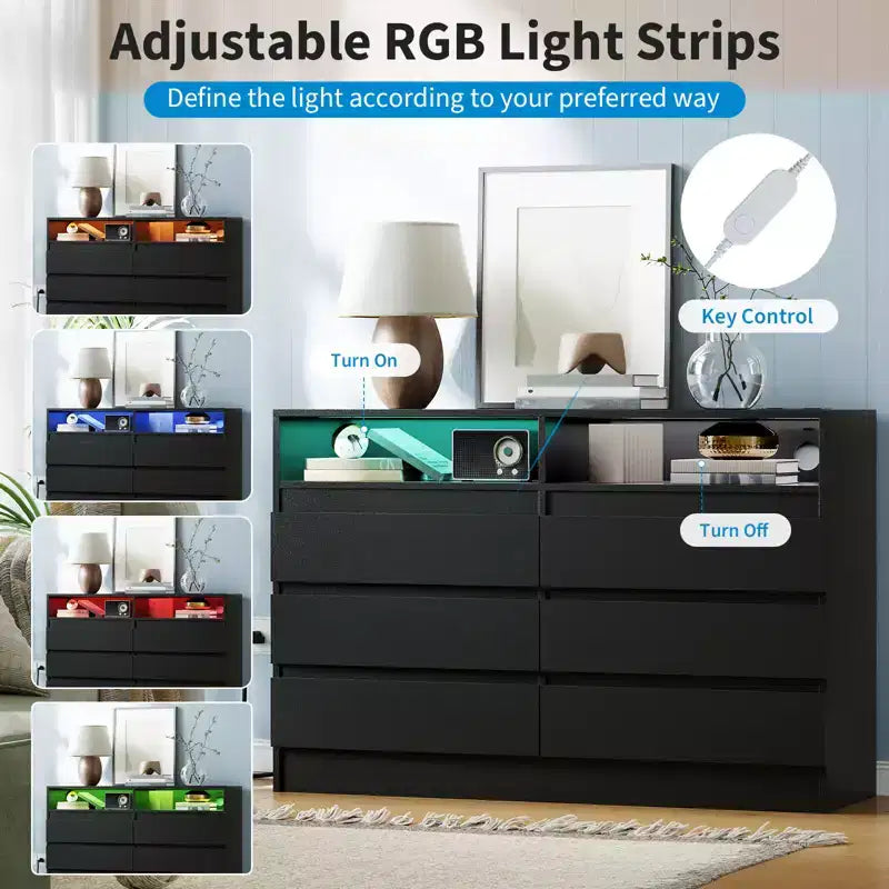 Cassettiera moderna a 6 cassetti con stazione di ricarica, luci LED e presa di corrente, Organizzatore a cassetti per camera da letto, soggiorno, ingresso
