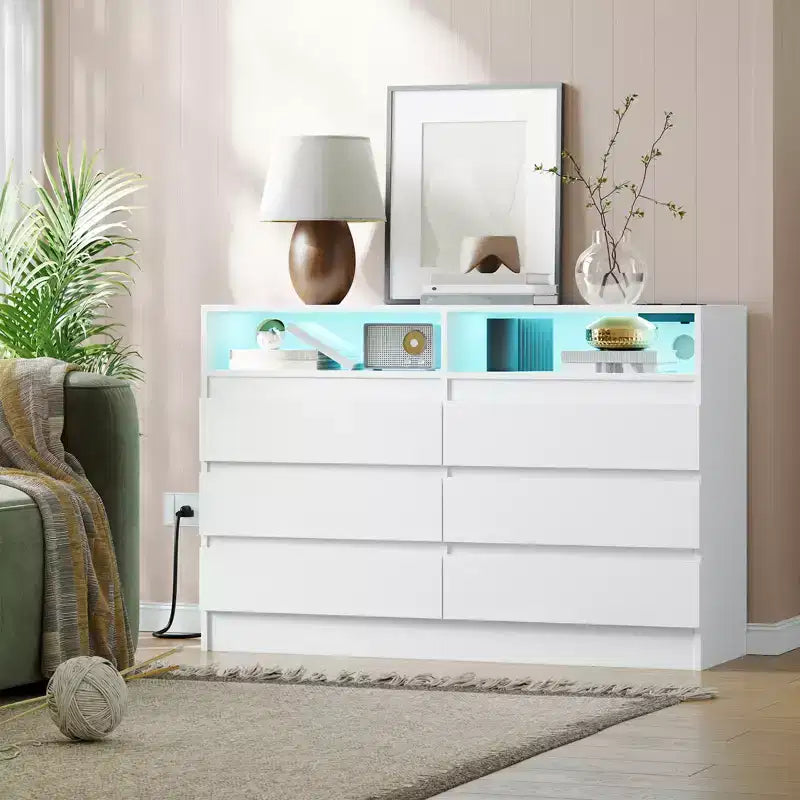 Cassettiera moderna a 6 cassetti con stazione di ricarica, luci LED e presa di corrente, Organizzatore a cassetti per camera da letto, soggiorno, ingresso