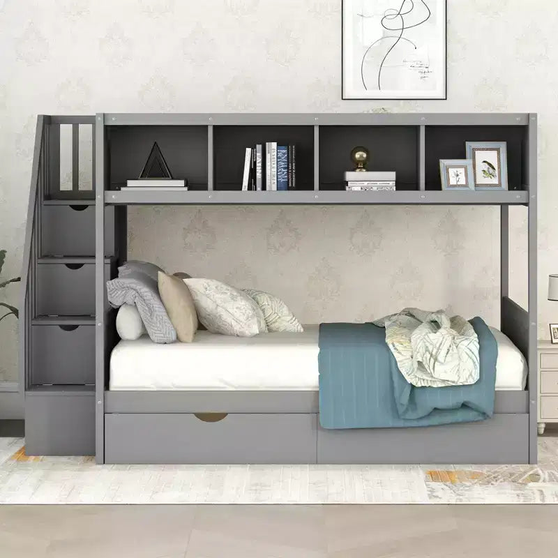 Letto a castello singolo su una piazza e mezza con mensole, 2 cassetti e scala contenitore