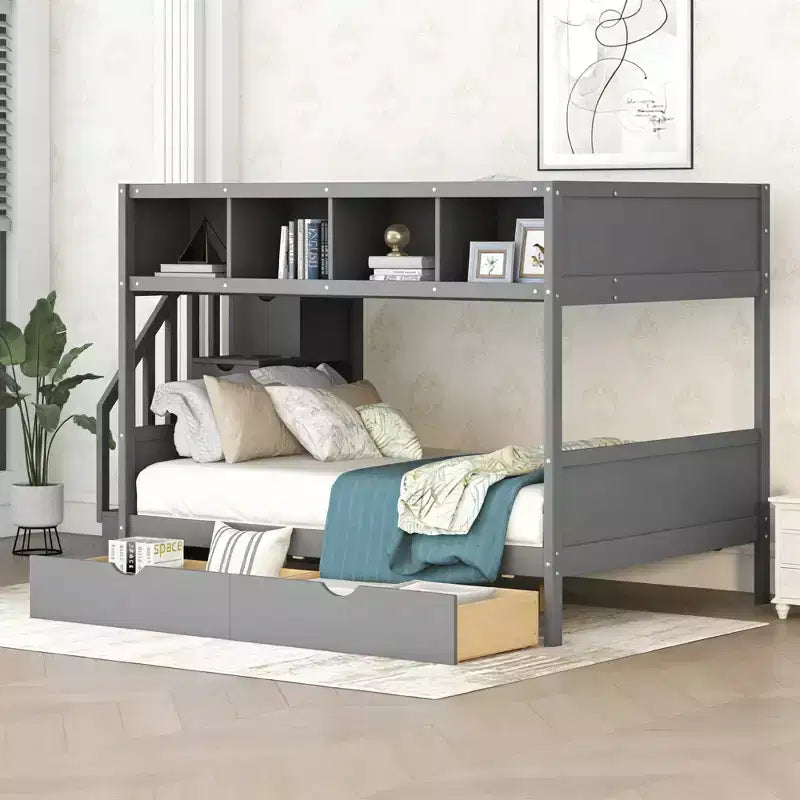 Letto a castello singolo su una piazza e mezza con mensole, 2 cassetti e scala contenitore