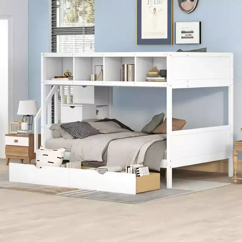 Letto a castello singolo su una piazza e mezza con mensole, 2 cassetti e scala contenitore