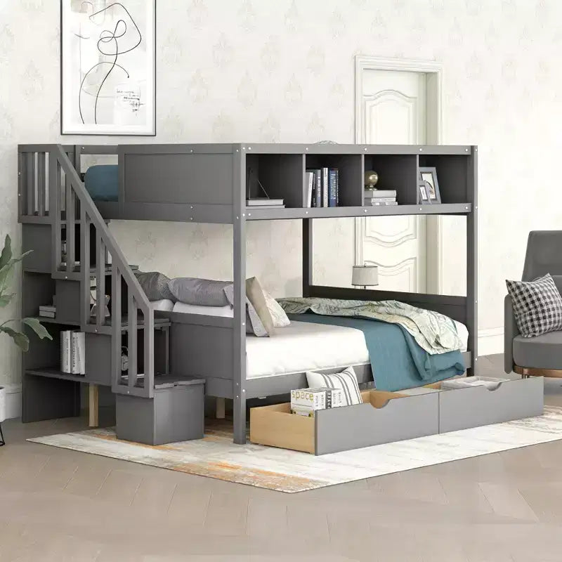 Letto a castello singolo su una piazza e mezza con mensole, 2 cassetti e scala contenitore