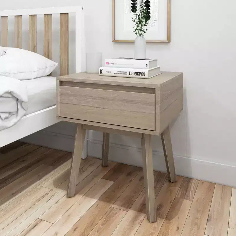 Comodino in legno massello con cassetto portaoggetti, tavolino moderno piccolo