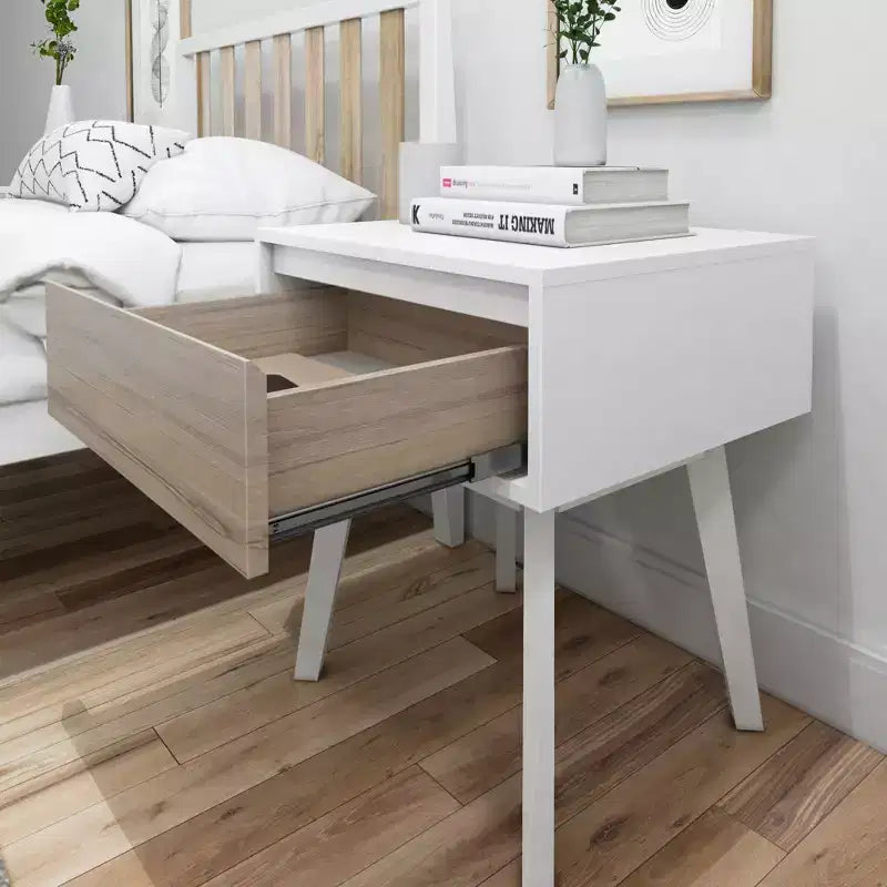 Comodino in legno massello con cassetto portaoggetti, tavolino moderno piccolo