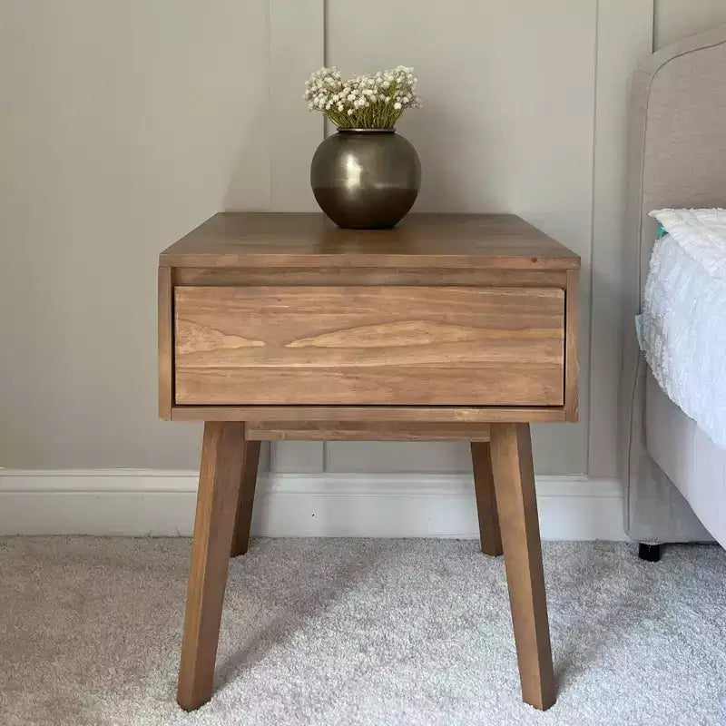 Comodino in legno massello con cassetto portaoggetti, tavolino moderno piccolo