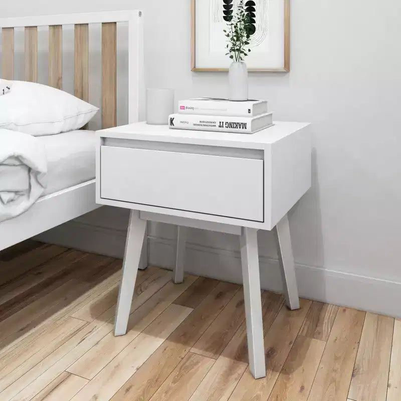 Comodino in legno massello con cassetto portaoggetti, tavolino moderno piccolo