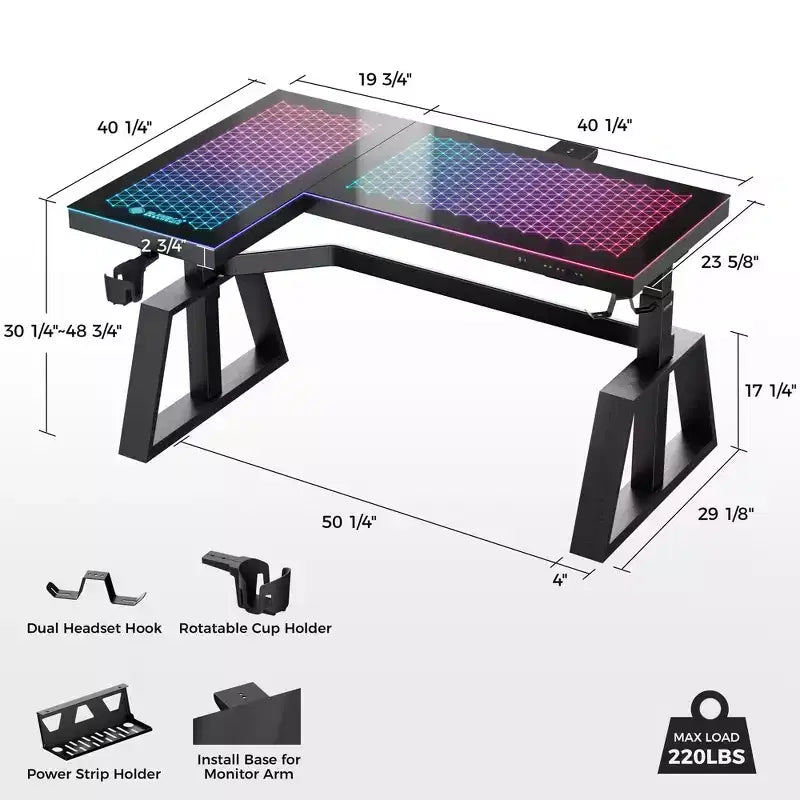 GTG-L60 Pro, Scrivania da gaming regolabile in altezza 60x23 con piano in vetro