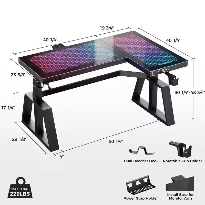 GTG-L60 Pro, Scrivania da gaming regolabile in altezza 60x23 con piano in vetro