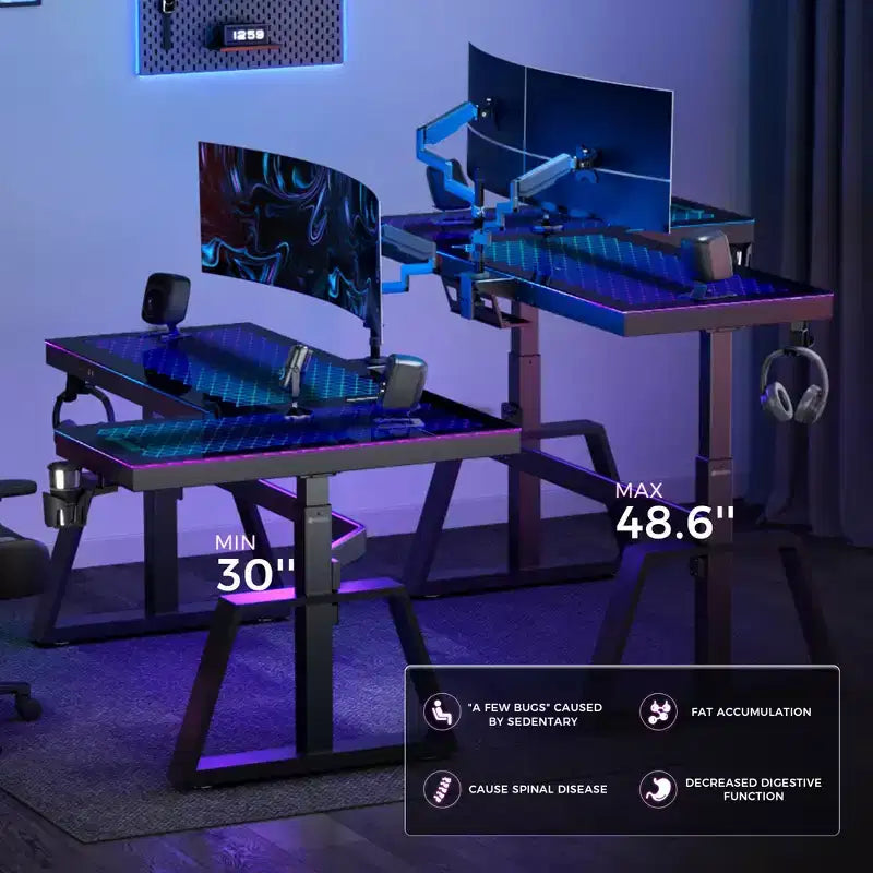 GTG-L60 Pro, Scrivania da gaming regolabile in altezza 60x23 con piano in vetro