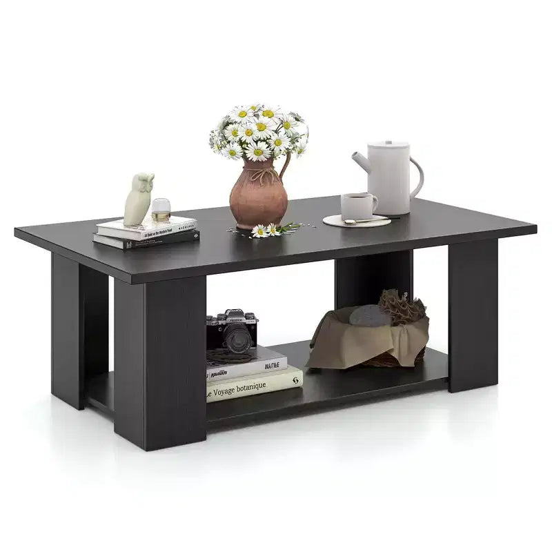 Costway Coffee Table 2-Tier Modern Center Cocktail Table with Storage Shelf for Living Room Black/Brown/White